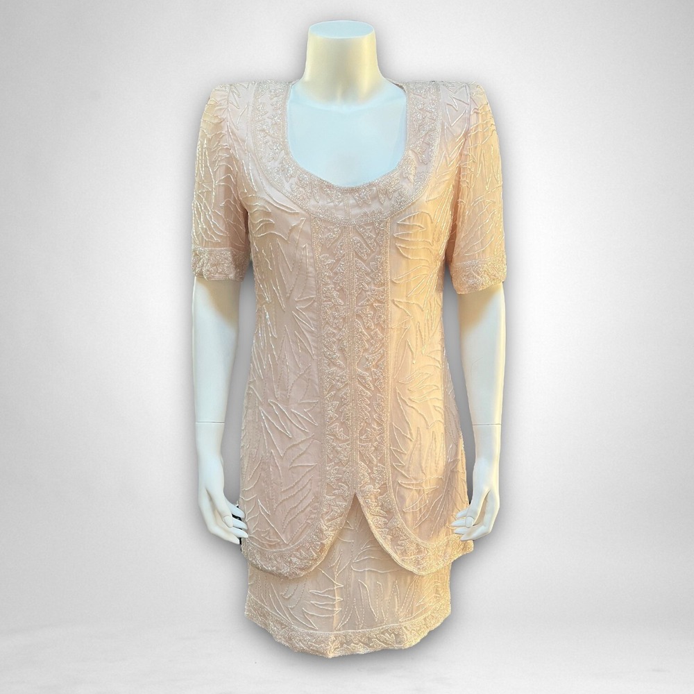 VTG Brilliante by JA Sz S Pink Sequined Silk Beaded Dress Formal Cocktail Party